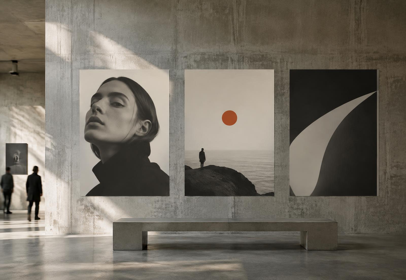 Placeholder: campaign posters mounted on a concrete gallery wall